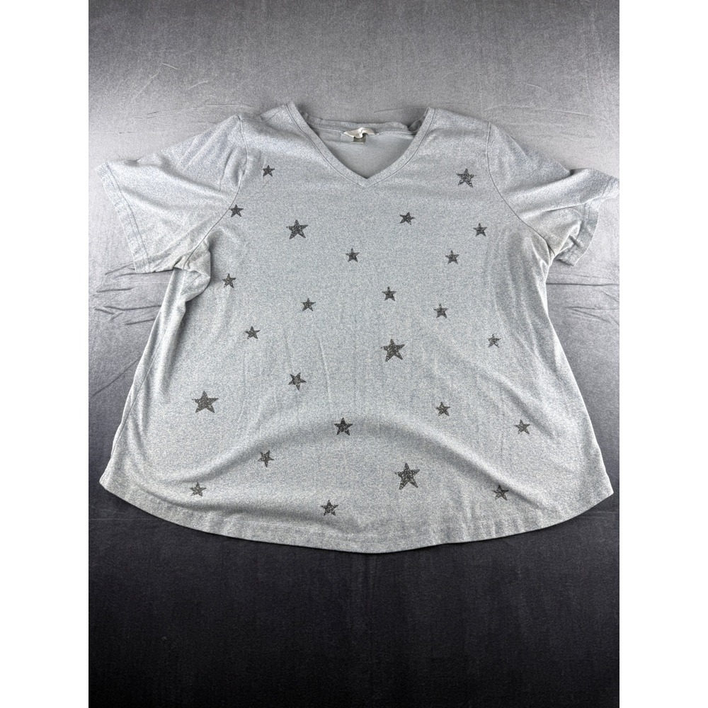 cj banks Womens 2X Blue Heathered Glitter Star V-Neck Short Sleeve Top